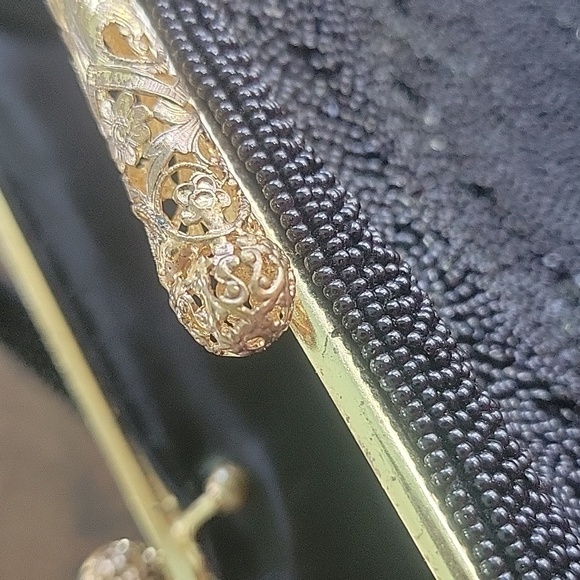 Vintage Black Beaded Handbag With Gold Metal Clasp 40s/50s Glamour Cocktail - Picture 8 of 9